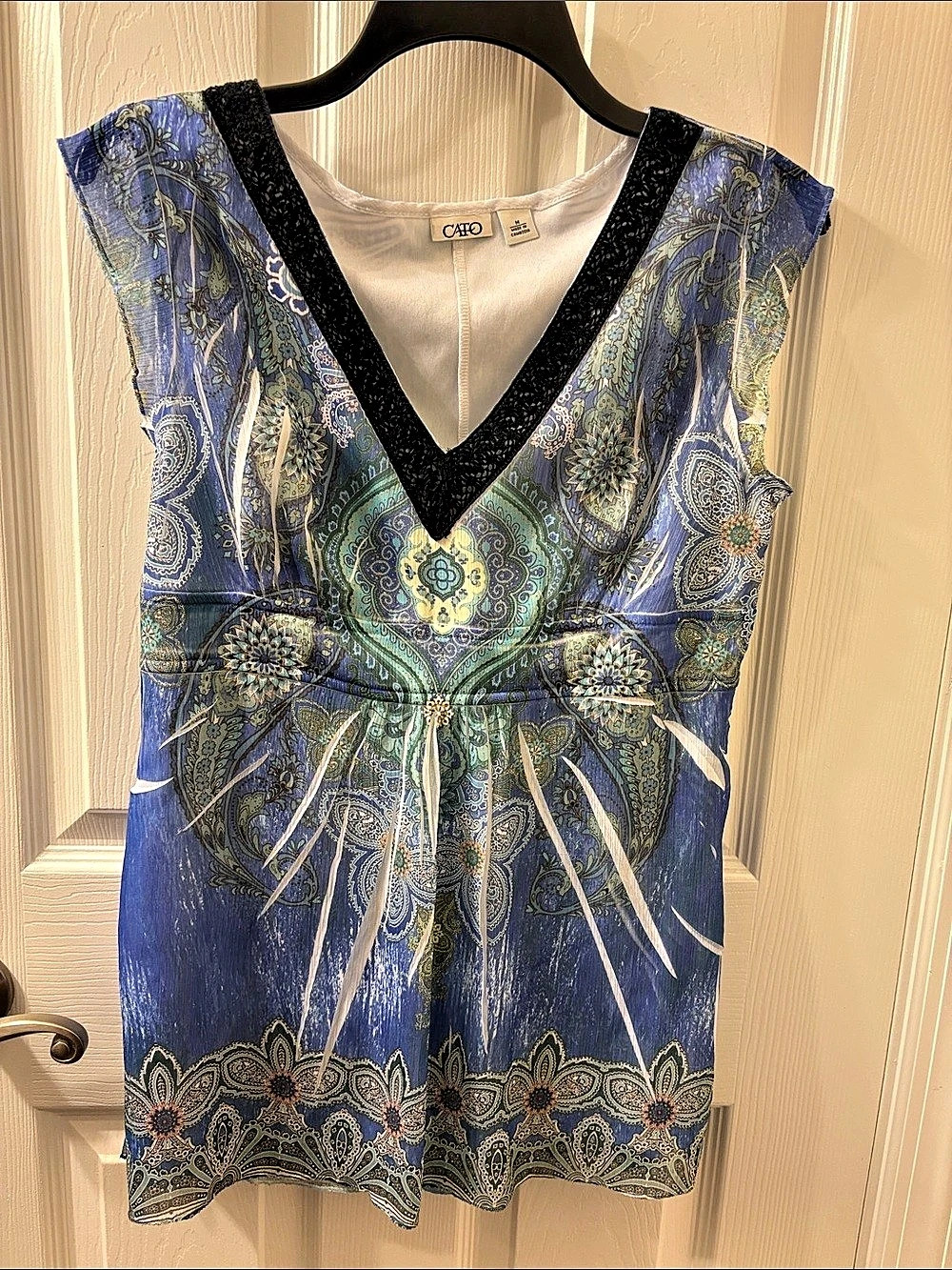 Cato Paisley V-Neck Top in Blue & Green Medium